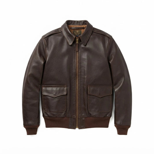 Men’s Horseskin Brown A2 Flying Leather Bomber Jacket front view featuring genuine dark brown horseskin leather, shirt collar, dual patch pockets, and ribbed trim   