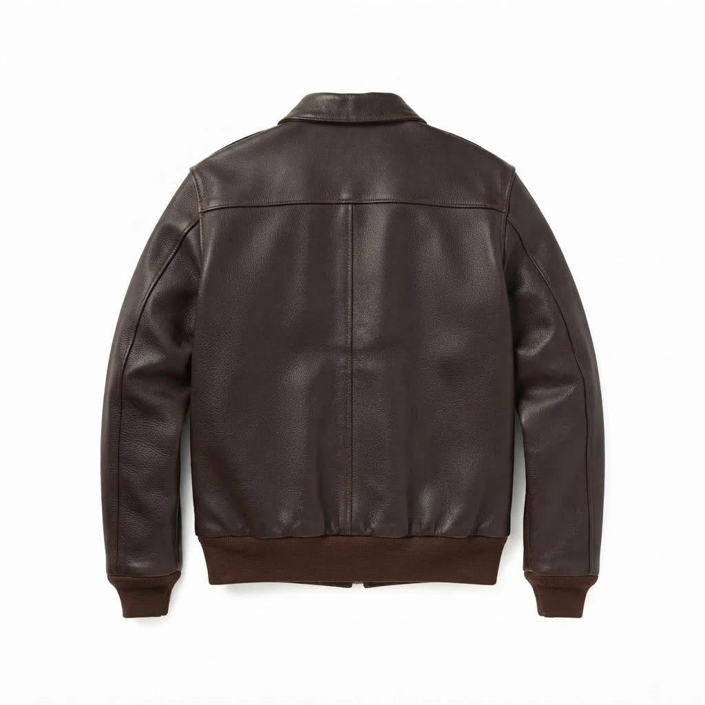 Men’s Horseskin Brown A2 Flying Leather Bomber Jacket front view featuring genuine dark brown horseskin leather, shirt collar, dual patch pockets, and ribbed trim   