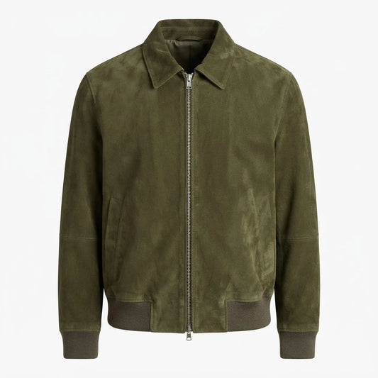 Men’s Khaki Suede Bomber Jacket front view featuring genuine khaki suede, point collar, two-way metal zipper, and ribbed trim   