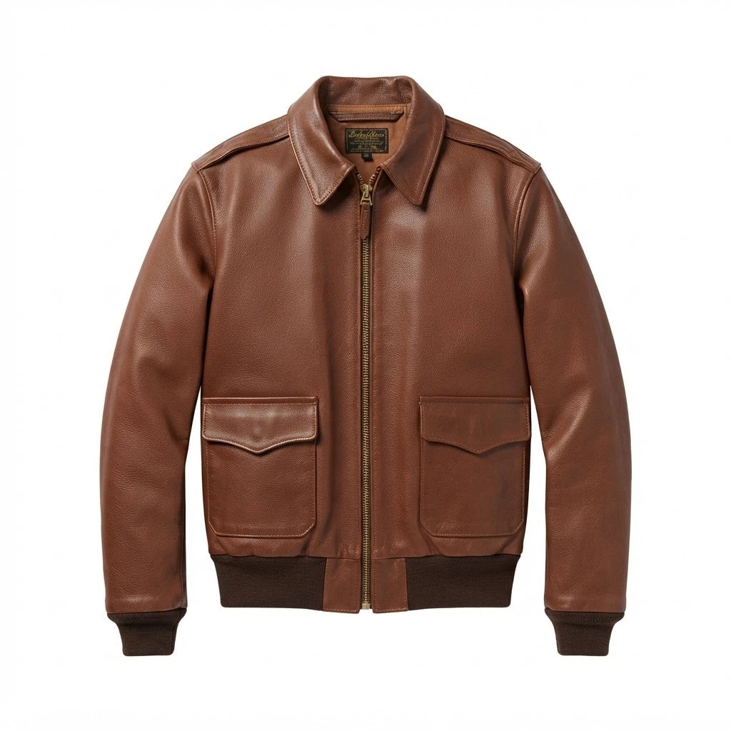 Men’s Lambskin Brown A2 Leather Bomber Jacket front view featuring soft brown lambskin, shirt collar, dual patch pockets, and ribbed trim   