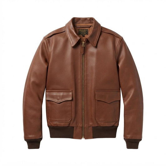 Men’s Lambskin Brown A2 Leather Bomber Jacket front view featuring soft brown lambskin, shirt collar, dual patch pockets, and ribbed trim   