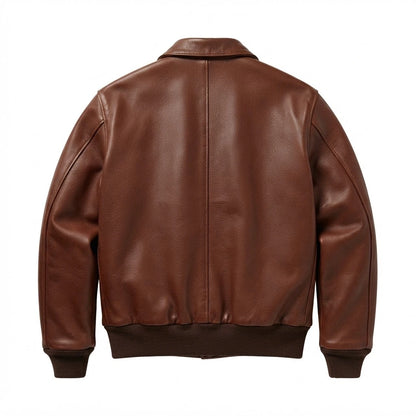 Men’s Lambskin Brown A2 Leather Bomber Jacket front view featuring soft brown lambskin, shirt collar, dual patch pockets, and ribbed trim   