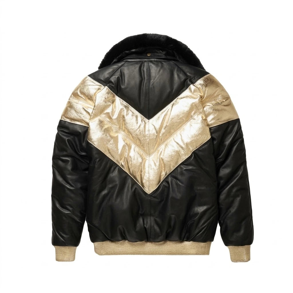 Men’s Lambskin Leather V-Bomber Jacket in metallic gold and black with black fur collar 