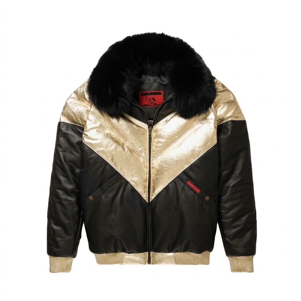 Men’s Lambskin Leather V-Bomber Jacket in metallic gold and black with black fur collar 