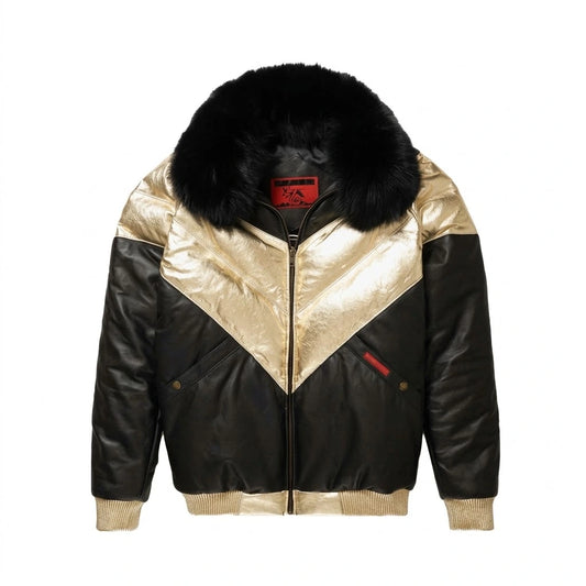 Men’s Lambskin Leather V-Bomber Jacket in metallic gold and black with black fur collar 