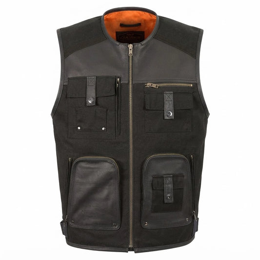 Men’s Leather & Canvas Utility Vest front view featuring black canvas body, genuine leather yokes, multi-functional utility pockets, and zip-front closure   