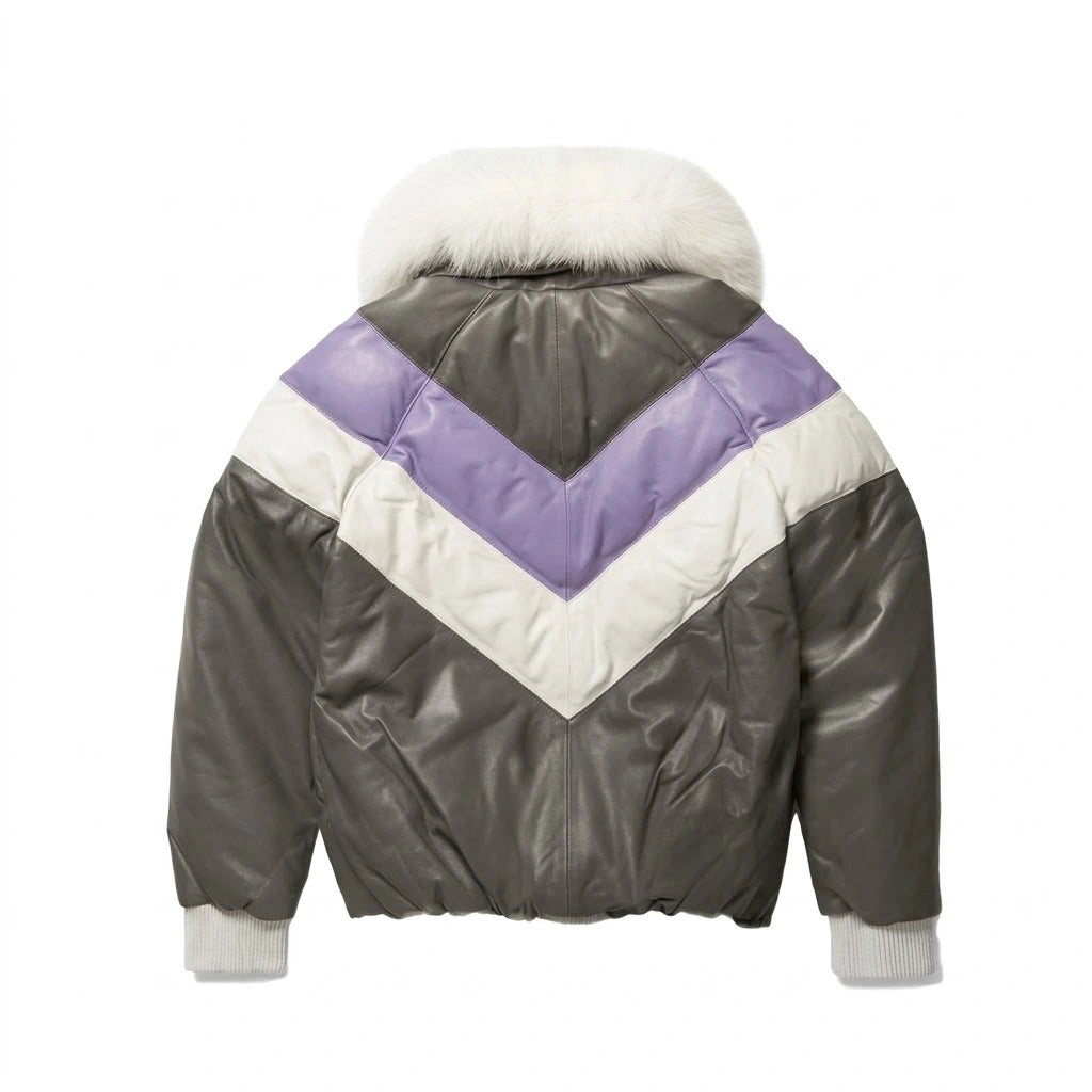 Men’s Leather V Bomber Jacket in purple white grey with white fur collar 