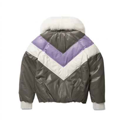 Men’s Leather V Bomber Jacket in purple white grey with white fur collar 