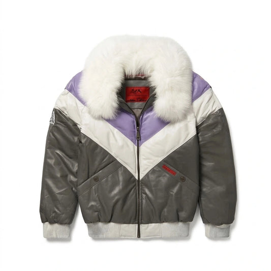 Men’s Leather V Bomber Jacket in purple white grey with white fur collar 