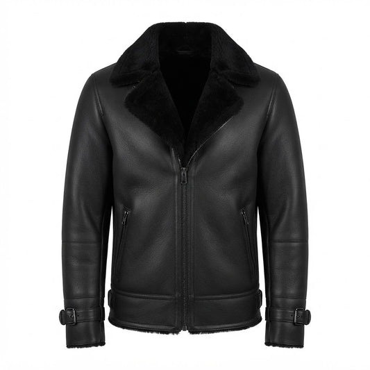 Men’s Luxury Double Aviator Black Shearling Leather Jacket front view featuring genuine black leather, plush black shearling collar, zipper pockets, and buckle tabs   