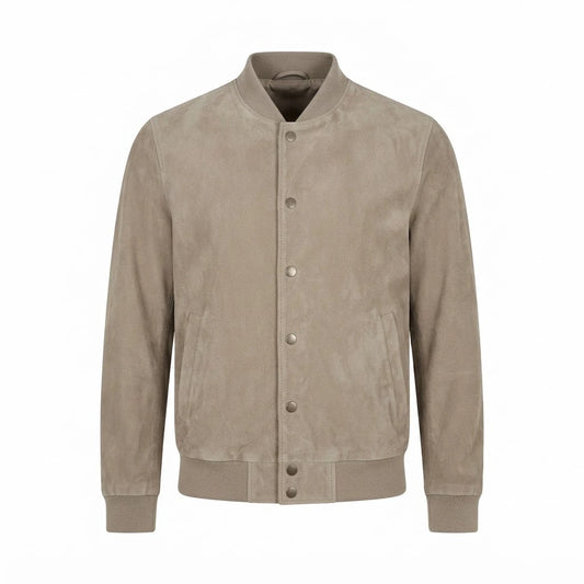 Men’s Off-White Suede Bomber Jacket front view featuring genuine off-white suede, snap-button placket, ribbed collar, cuffs, and waistband hem   