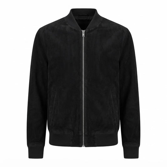 Men’s Premium Suede Bomber Jacket front view featuring genuine black suede, full metal zipper, ribbed collar, cuffs, and waistband hem   
