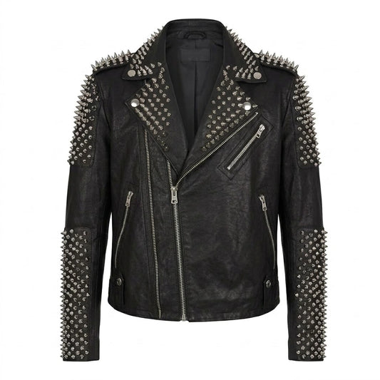Men’s Punk Studded Leather Jacket front view featuring genuine black leather, heavy silver cone spikes on shoulders and sleeves, and asymmetric zip   