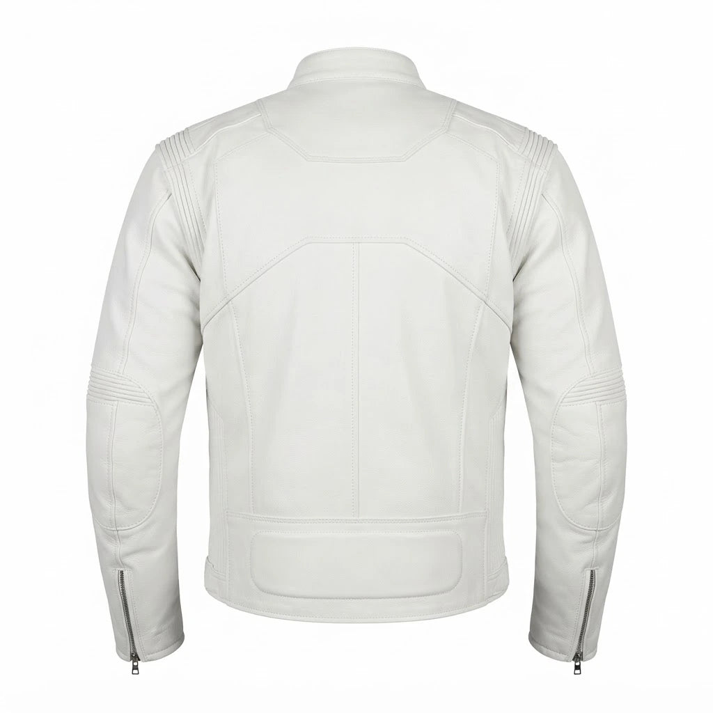 Men’s Pure White Biker Leather Jacket front view featuring genuine white leather, mandarin snap collar, front zip, and paneled shoulder detailing