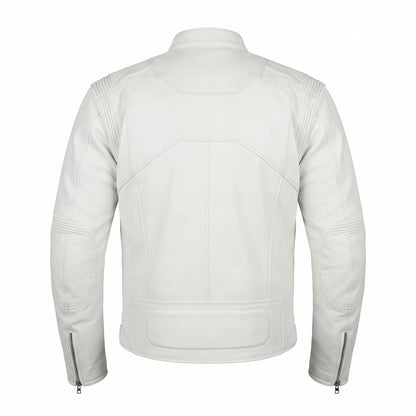 Men’s Pure White Biker Leather Jacket front view featuring genuine white leather, mandarin snap collar, front zip, and paneled shoulder detailing