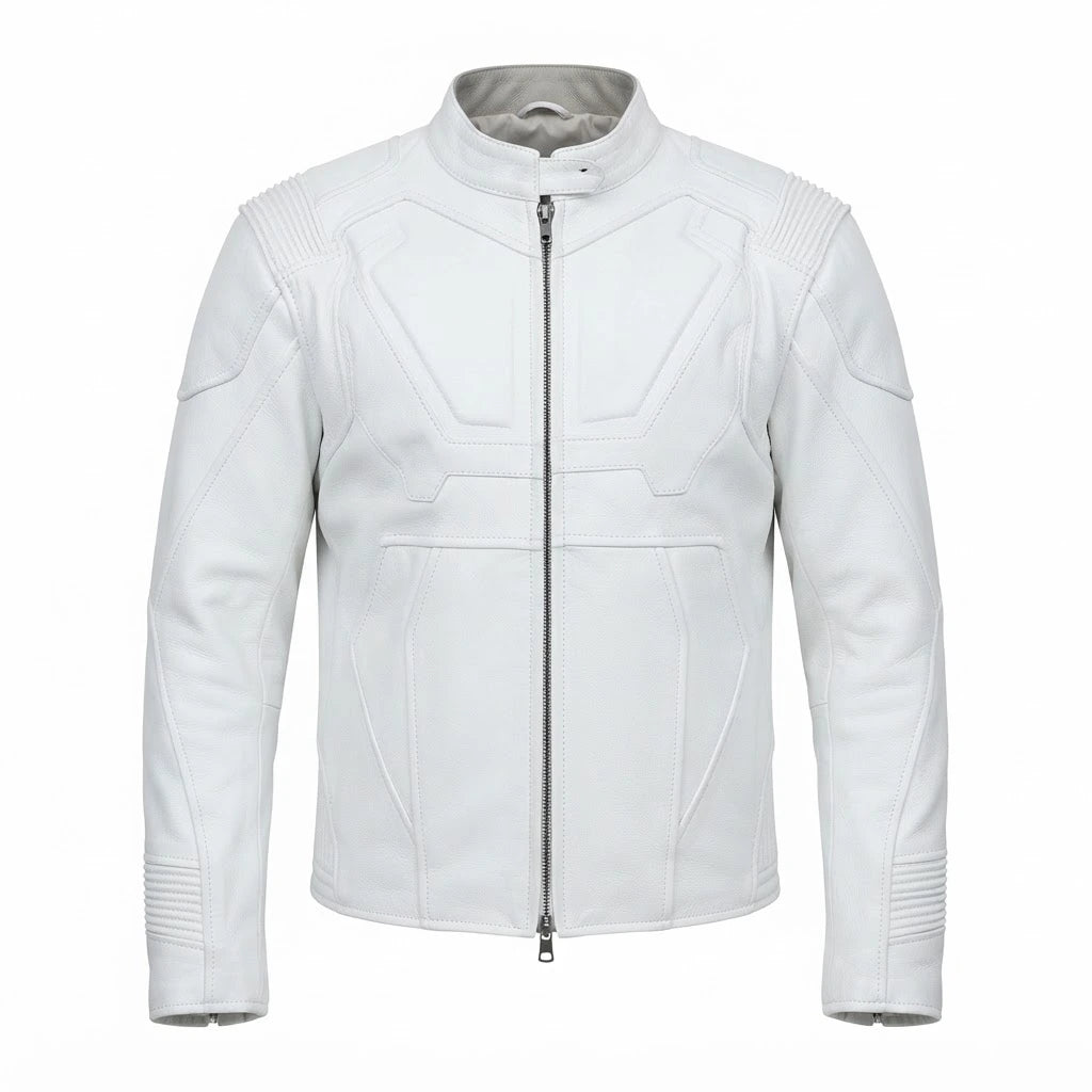 Men’s Pure White Biker Leather Jacket front view featuring genuine white leather, mandarin snap collar, front zip, and paneled shoulder detailing