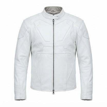 Men’s Pure White Biker Leather Jacket front view featuring genuine white leather, mandarin snap collar, front zip, and paneled shoulder detailing
