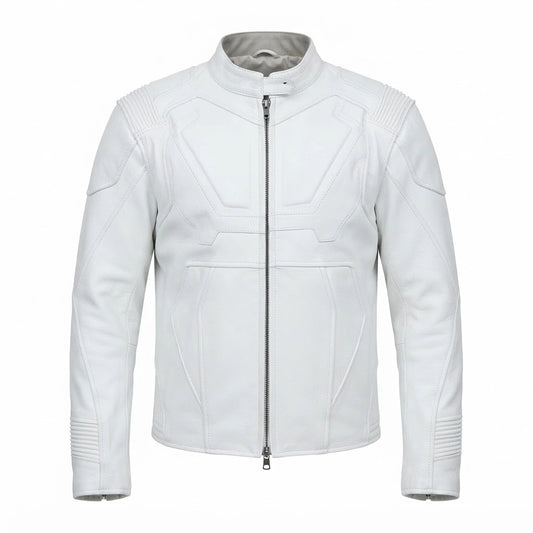 Men’s Pure White Biker Leather Jacket front view featuring genuine white leather, mandarin snap collar, front zip, and paneled shoulder detailing