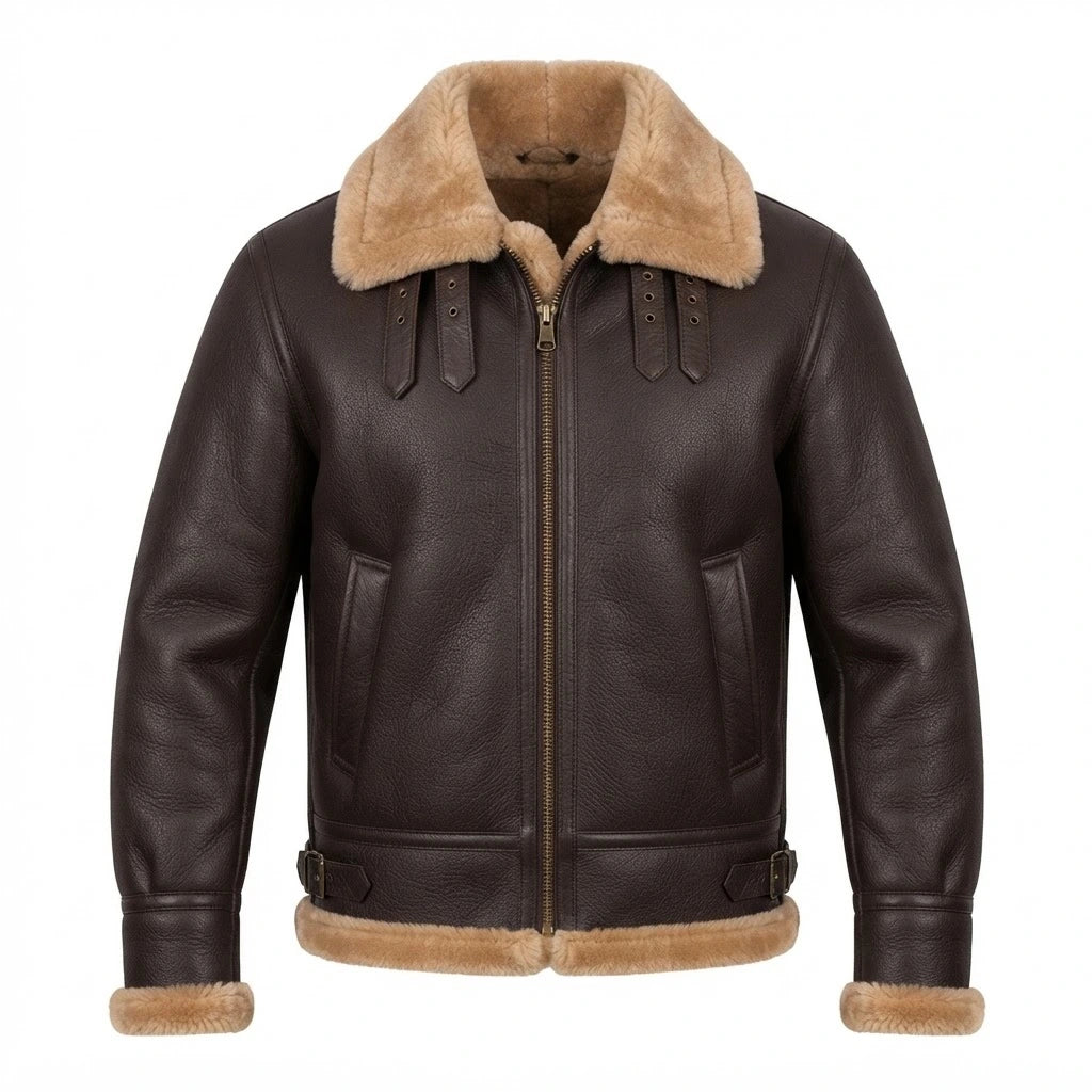 Men’s RAF Aviator Shearling Brown Leather Bomber front view featuring genuine brown leather, contrast shearling collar, dual throat latches, and side buckle tabs