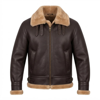 Men’s RAF Aviator Shearling Brown Leather Bomber front view featuring genuine brown leather, contrast shearling collar, dual throat latches, and side buckle tabs