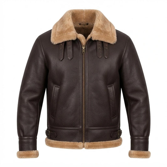 Men’s RAF Aviator Shearling Brown Leather Bomber front view featuring genuine brown leather, contrast shearling collar, dual throat latches, and side buckle tabs