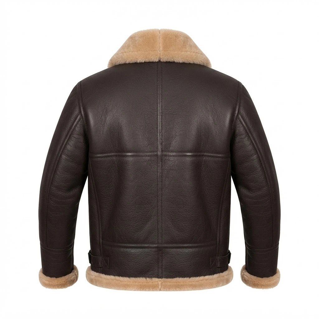 Men’s RAF Aviator Shearling Brown Leather Bomber front view featuring genuine brown leather, contrast shearling collar, dual throat latches, and side buckle tabs