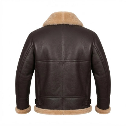 Men’s RAF Aviator Shearling Brown Leather Bomber front view featuring genuine brown leather, contrast shearling collar, dual throat latches, and side buckle tabs