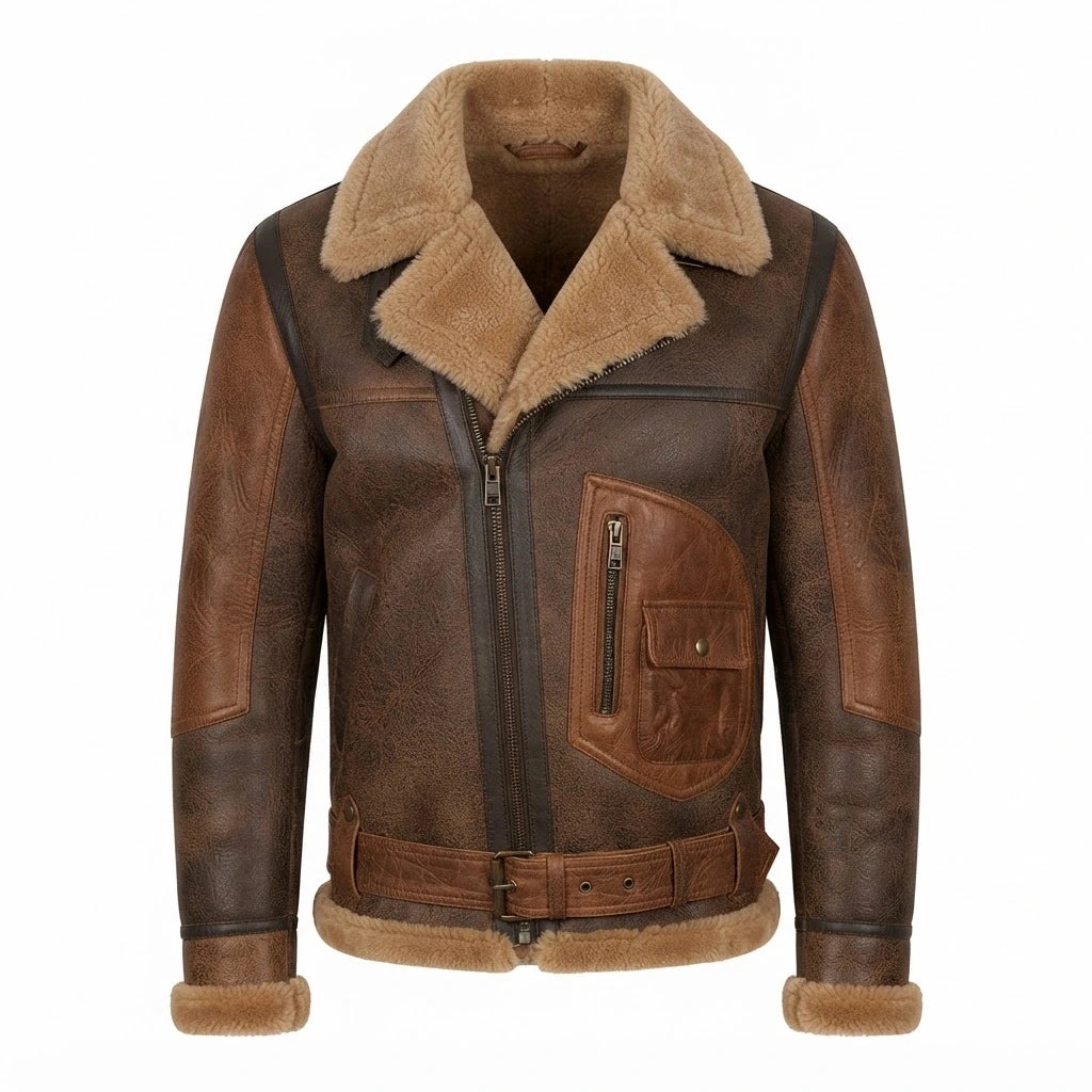 Men’s RAF B3 Aviator Leather Bomber Flying Jacket front view featuring genuine distressed two-tone leather, shearling lapel, chest utility pocket, and waist belt