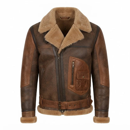 Men’s RAF B3 Aviator Leather Bomber Flying Jacket front view featuring genuine distressed two-tone leather, shearling lapel, chest utility pocket, and waist belt