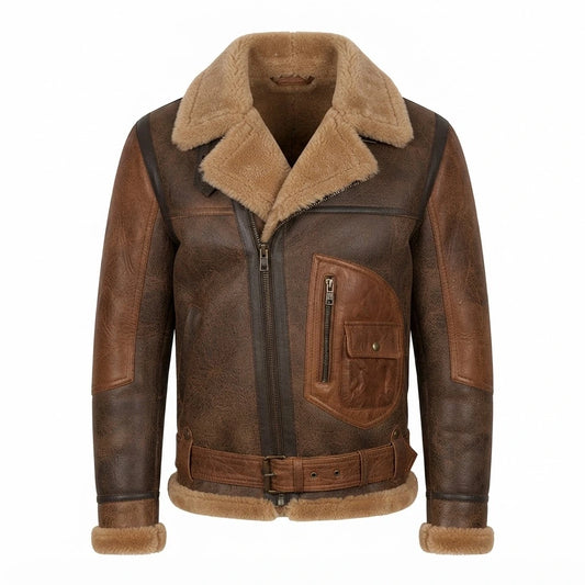 Men’s RAF B3 Aviator Leather Bomber Flying Jacket front view featuring genuine distressed two-tone leather, shearling lapel, chest utility pocket, and waist belt