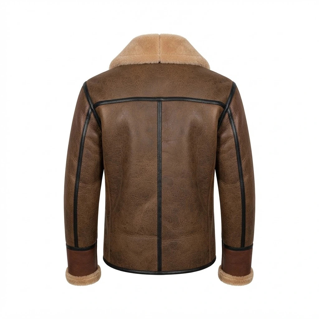 Men’s RAF B3 Aviator Leather Bomber Flying Jacket front view featuring genuine distressed two-tone leather, shearling lapel, chest utility pocket, and waist belt