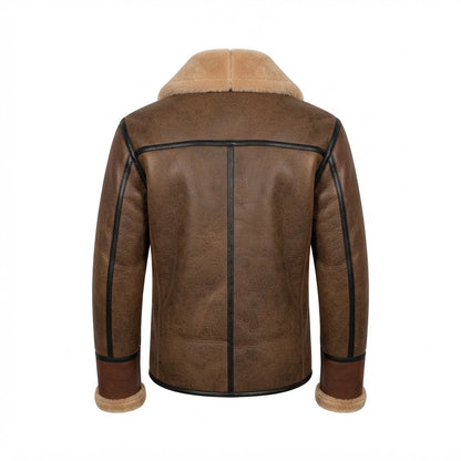 Men’s RAF B3 Aviator Leather Bomber Flying Jacket front view featuring genuine distressed two-tone leather, shearling lapel, chest utility pocket, and waist belt
