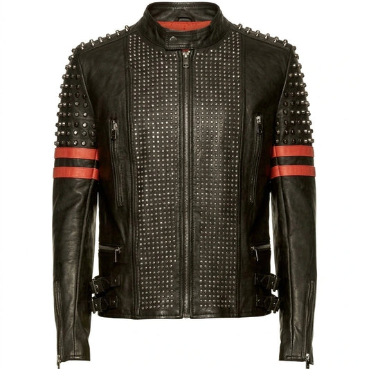 Men’s Red & Black Studded Rider Jacket front view featuring genuine black leather, red arm stripes, matrix chest studs, and snap collar   