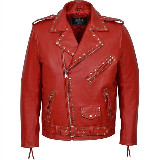 Men’s Red Cowhide Designer Biker Leather Jacket front view featuring genuine red cowhide leather, silver dome studs, asymmetric zip, and belted waist