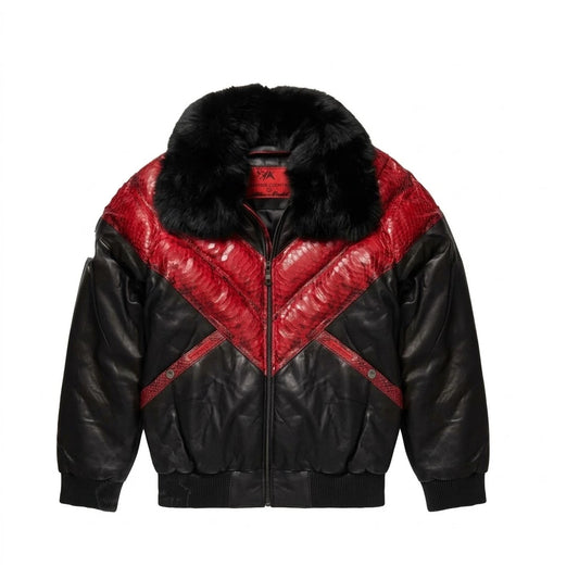 Men’s Red Leather V Bomber Jacket with red python chevron and black fur collar 