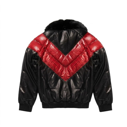 Men’s Red Leather V Bomber Jacket with red python chevron and black fur collar 