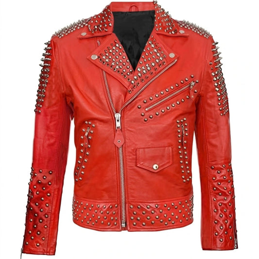 Men’s Red Spiked Punk Leather Biker Jacket front view featuring genuine crimson red leather, silver shoulder spikes, lapel dome studs, and asymmetric zip   