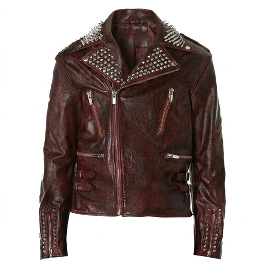 Men’s Red Studded Punk Leather Jacket front view featuring distressed red genuine leather, heavy silver metal studs on lapels and sleeves, and asymmetric ziP