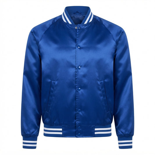 Men's Royal Blue Satin Bomber Jacket front view with white striped ribbed collar and cuffs, white background