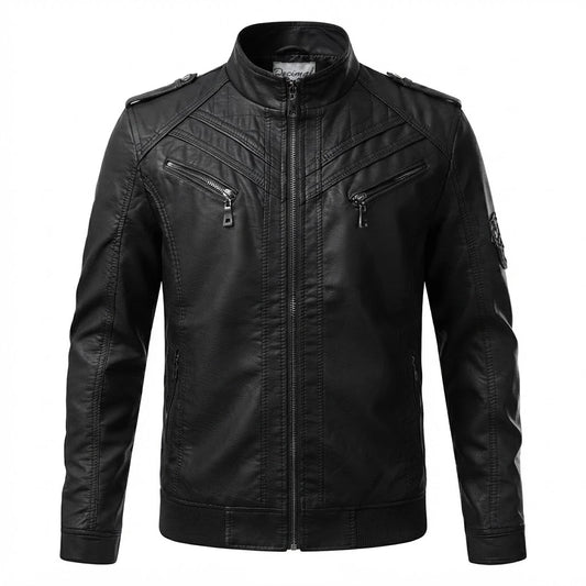 Men’s Rustic Brown Leather Motorcycle Jacket front view with mandarin collar, quilted shoulders, and zip pockets