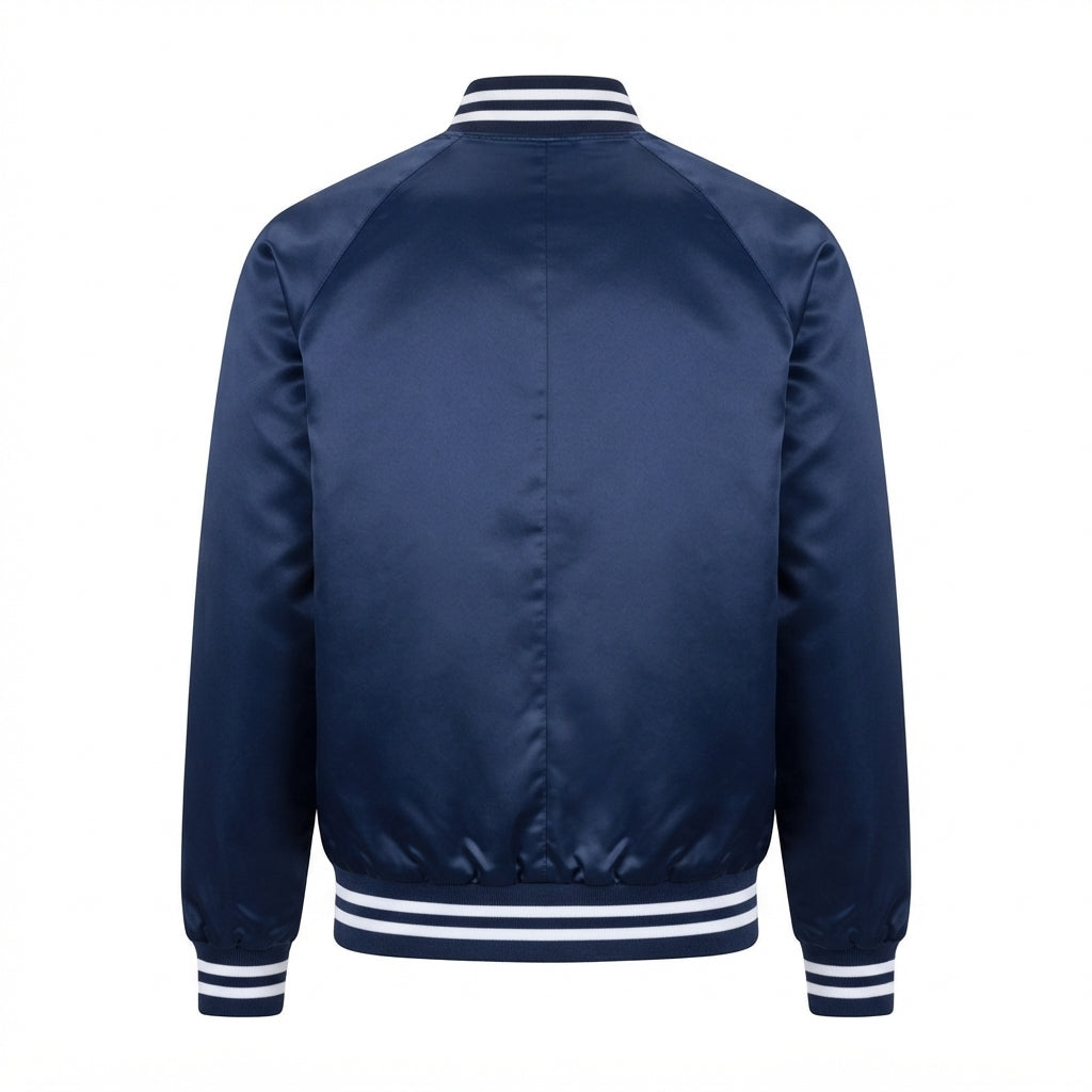 Men's Satin Blue Varsity Jacket front view with white striped ribbed collar and cuffs