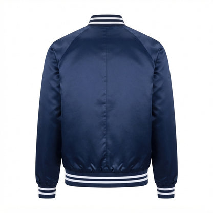 Men's Satin Blue Varsity Jacket front view with white striped ribbed collar and cuffs