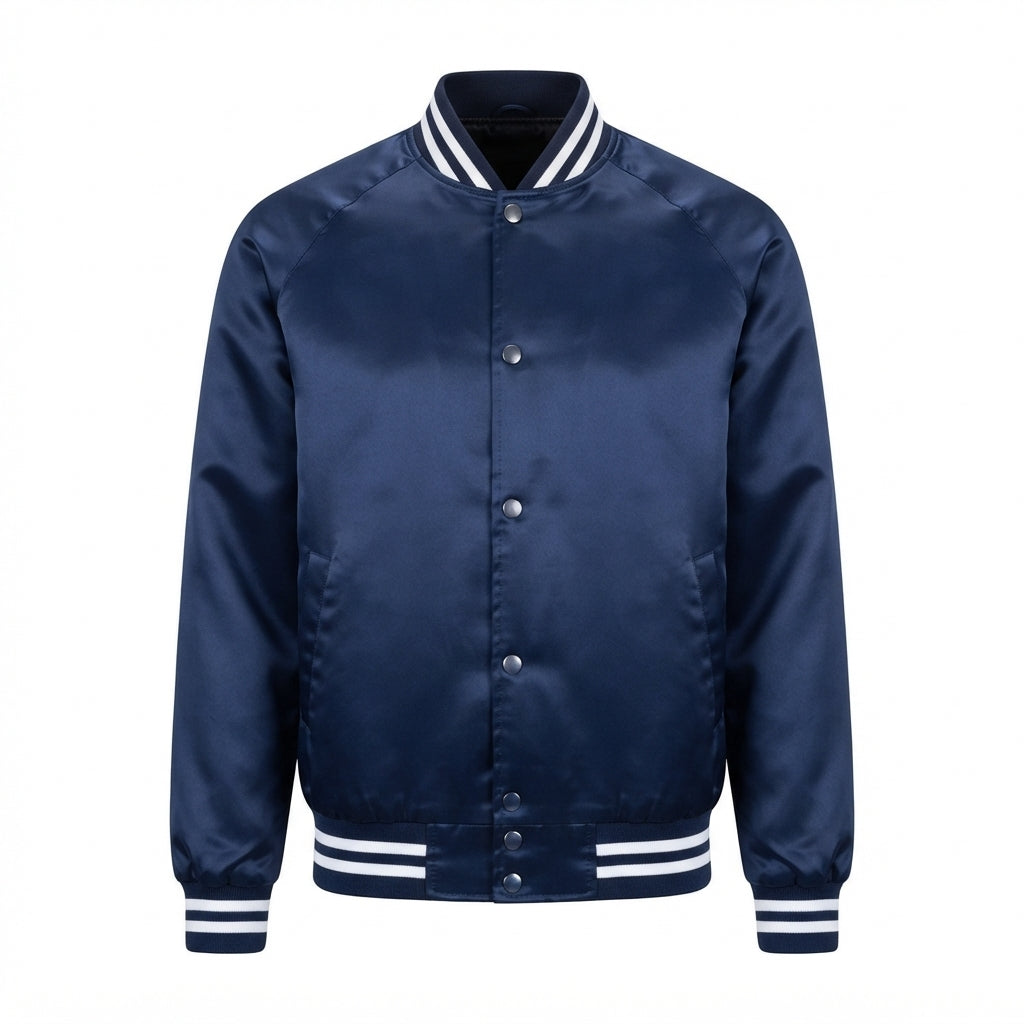 Men's Satin Blue Varsity Jacket front view with white striped ribbed collar and cuffs