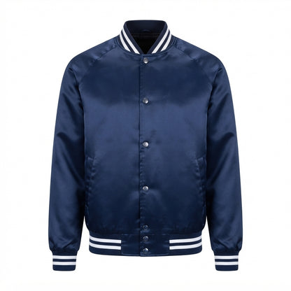 Men's Satin Blue Varsity Jacket front view with white striped ribbed collar and cuffs