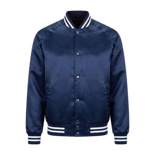 Men's Satin Blue Varsity Jacket front view with white striped ribbed collar and cuffs