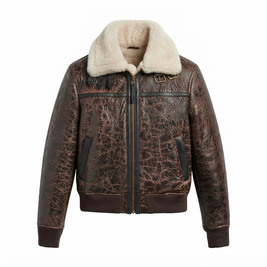 Men’s Shearling RAF Aviator Leather Bomber Jacket front view featuring distressed brown leather, cream shearling collar, dual throat latches, and ribbed hem