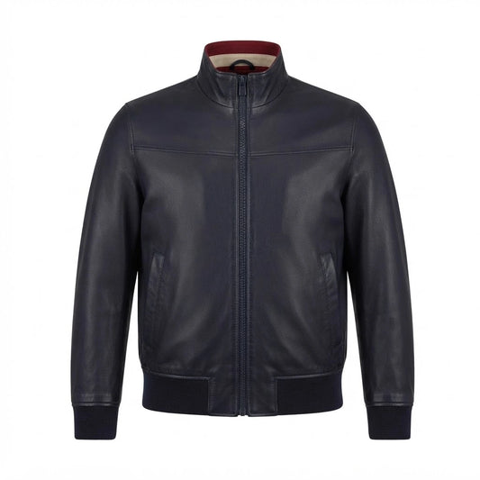 Men’s Shiny Black Leather Bomber Jacket front view featuring glossy black leather, stand-up collar, front zipper, and ribbed trim   