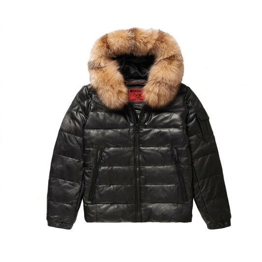 Men’s Simple Black V-Bomber Leather Jacket with natural tan fur collar 