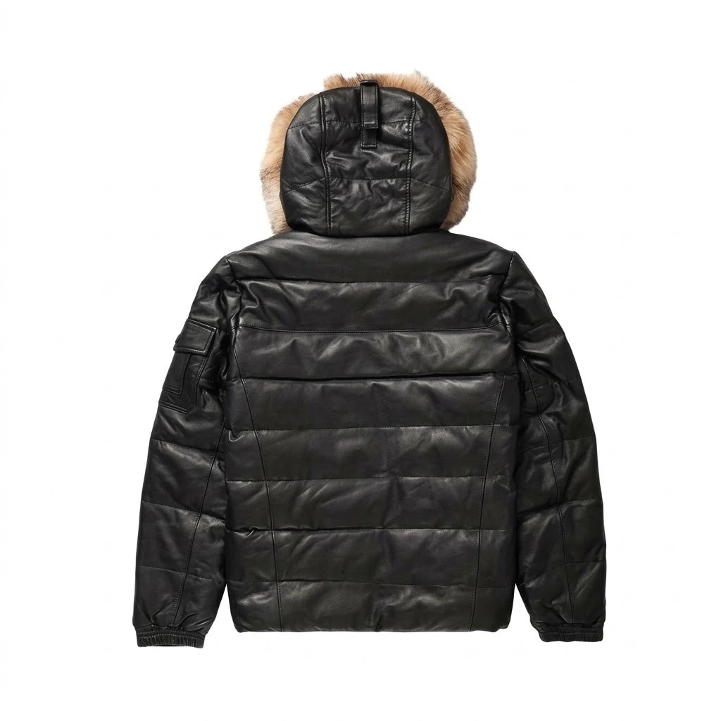 Men’s Simple Black V-Bomber Leather Jacket with natural tan fur collar 