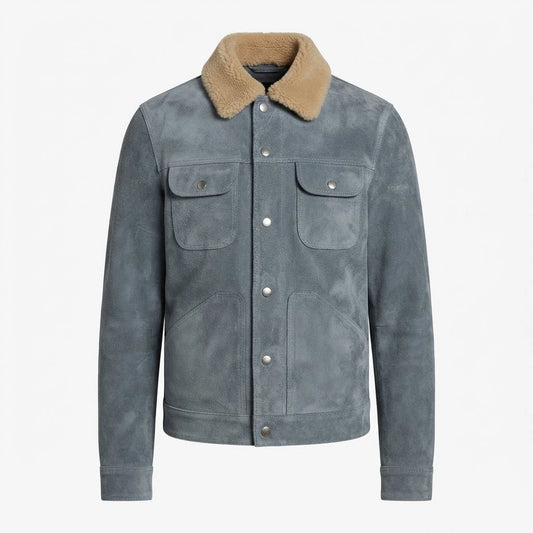 Men’s Sky Blue Suede Trucker Jacket front view featuring genuine sky-blue suede, contrast shearling collar, button front, and dual chest flap pockets   